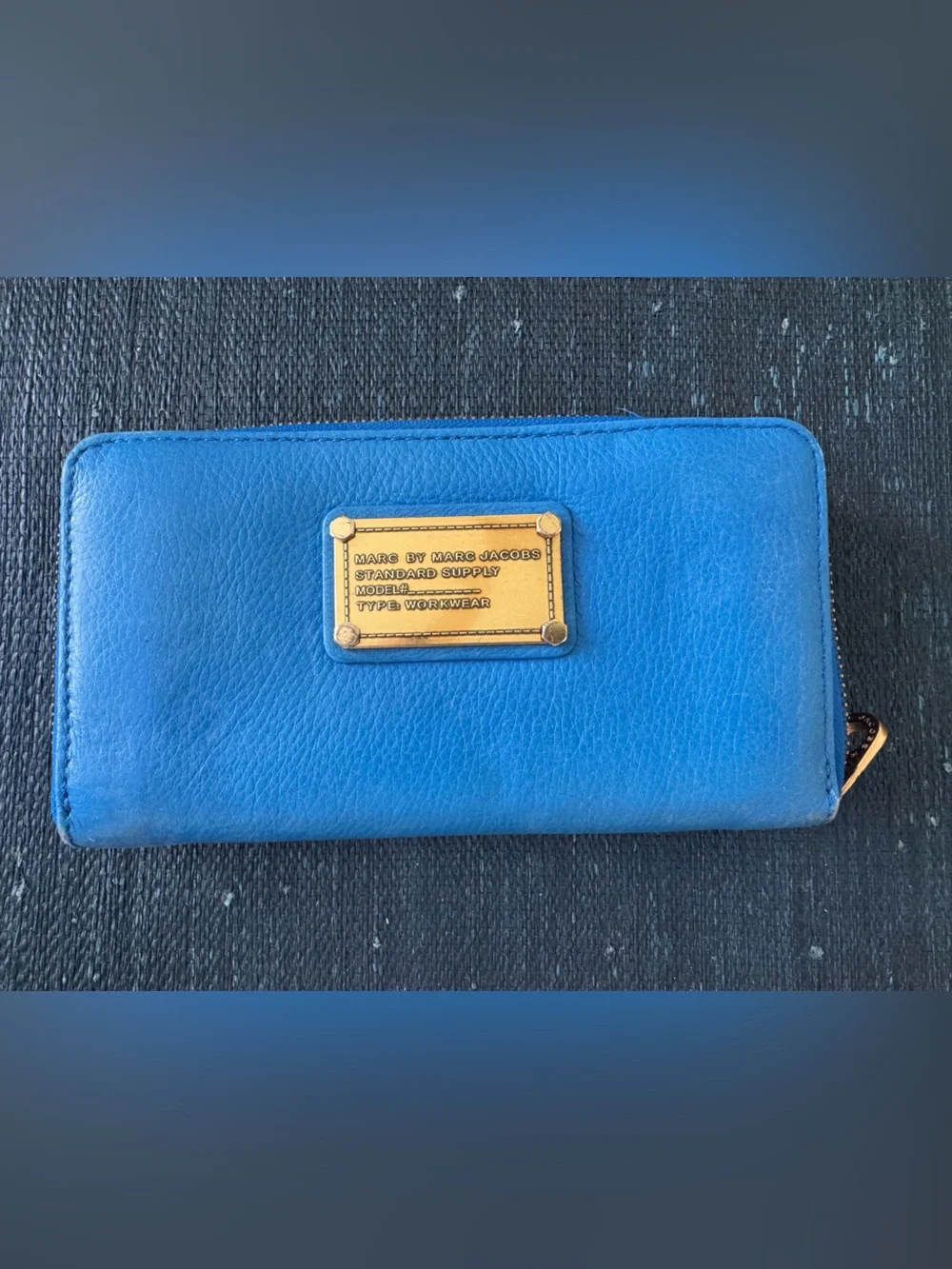 Marc By Marc Jacobs Bright Blue Leather Zip Phone Wallet with Gold Plaque